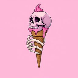 A full view of a 2D illustration featuring a skeleton hand grasping an ice cream cone