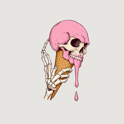 A full view of a 2D illustration featuring a skeleton hand grasping an ice cream cone