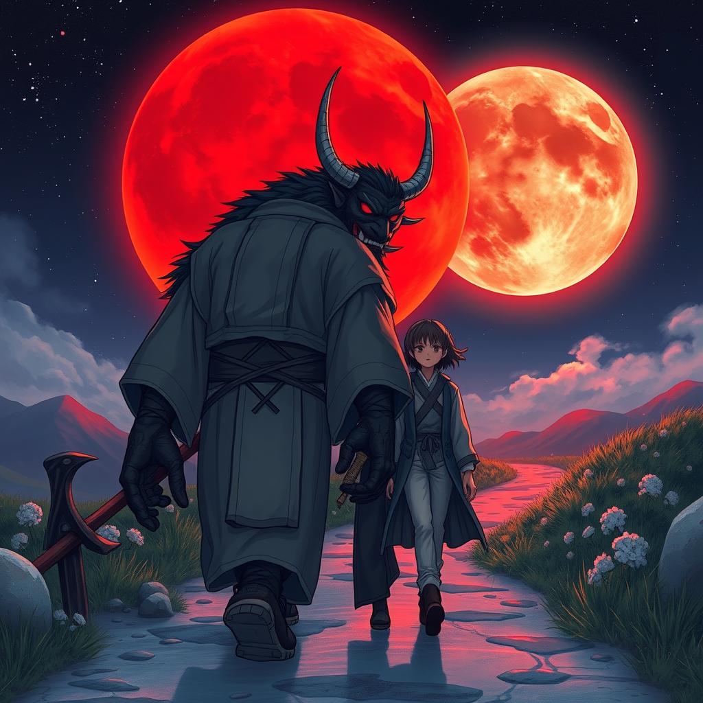 A majestic scene depicting an oni and a human walking together towards a vibrant red moon