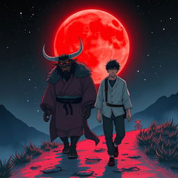 A majestic scene depicting an oni and a human walking together towards a vibrant red moon