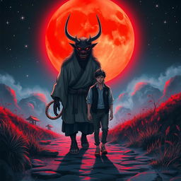 A majestic scene depicting an oni and a human walking together towards a vibrant red moon