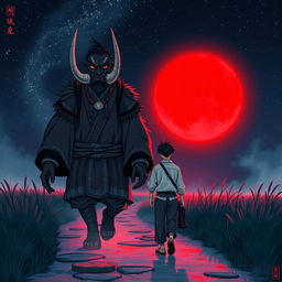 A majestic scene depicting an oni and a human walking together towards a vibrant red moon