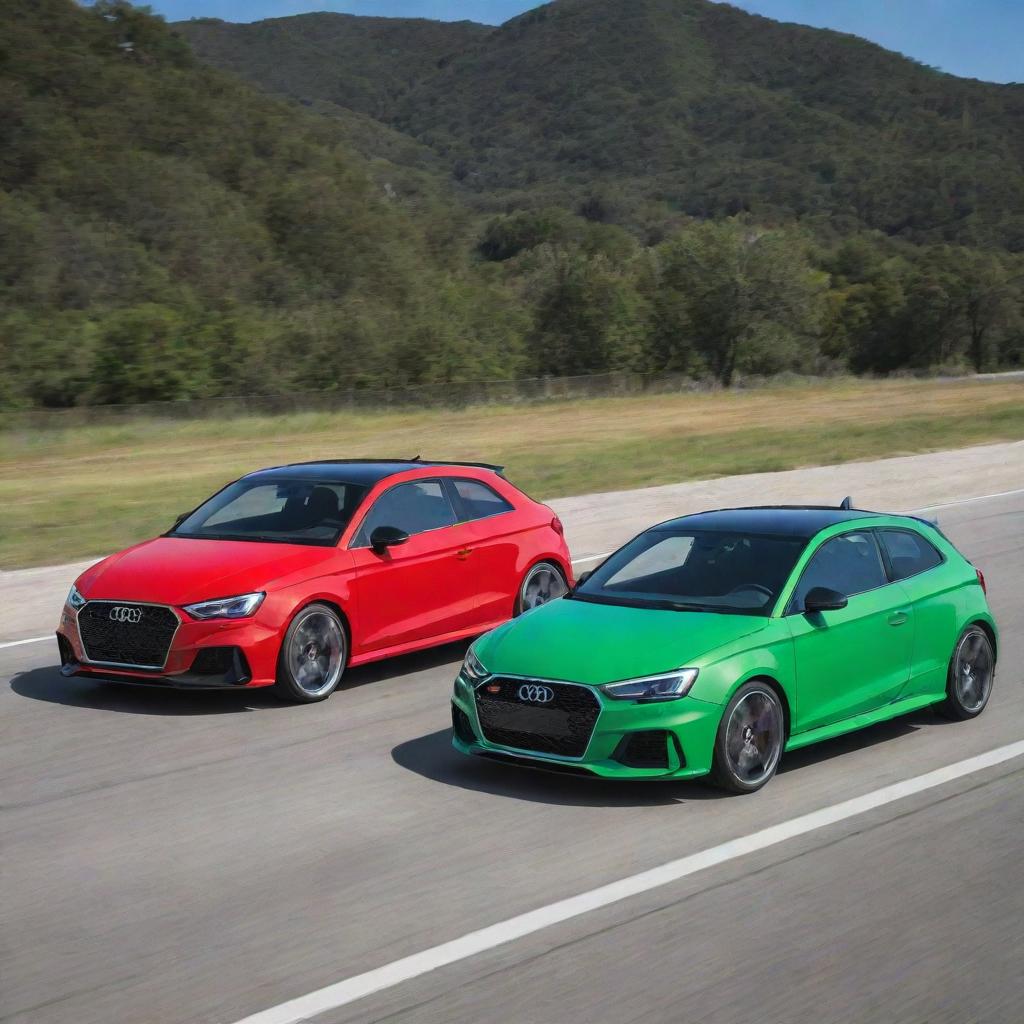 Three vibrant cars: a sleek Audi RS3, a dynamic Hyundai Veloster, and a compact Chevrolet Spark, intensely competing on an open road in broad daylight.