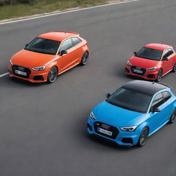 Three vibrant cars: a sleek Audi RS3, a dynamic Hyundai Veloster, and a compact Chevrolet Spark, intensely competing on an open road in broad daylight.