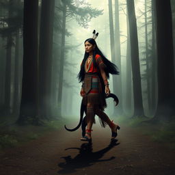 A Native American girl walking confidently across a quiet, misty forest with an enigmatic wendigo as her shadow, perfectly melding into her steps