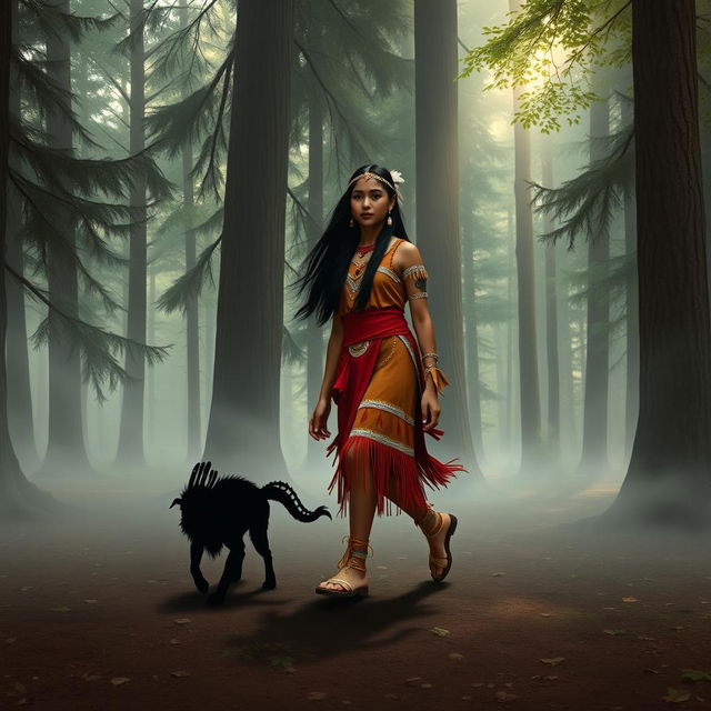 A Native American girl walking confidently across a quiet, misty forest with an enigmatic wendigo as her shadow, perfectly melding into her steps