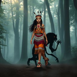 A Native American girl walking confidently across a quiet, misty forest with an enigmatic wendigo as her shadow, perfectly melding into her steps