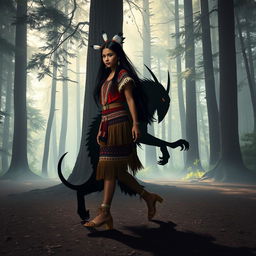 A Native American girl walking confidently across a quiet, misty forest with an enigmatic wendigo as her shadow, perfectly melding into her steps