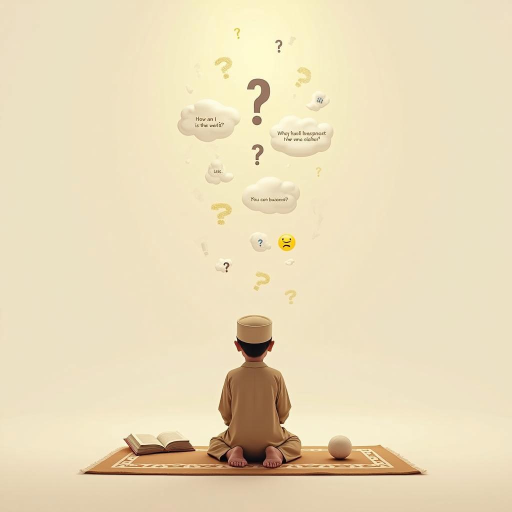 A young boy wearing traditional clothing is sitting on a prayer rug in a peaceful setting, contemplating deeply