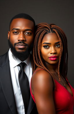 A handsome African-American male with a well-groomed beard wearing an elegant black suit, standing confidently