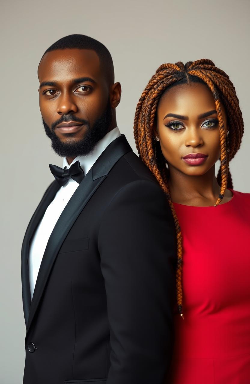 A handsome African-American male with a well-groomed beard wearing an elegant black suit, standing confidently