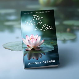 A delicate and realistic book cover for a romance novel featuring a beautiful lotus flower in a serene lake