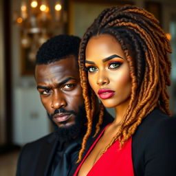 A very handsome African-American male with a well-groomed beard, dressed in a sleek and modern black suit