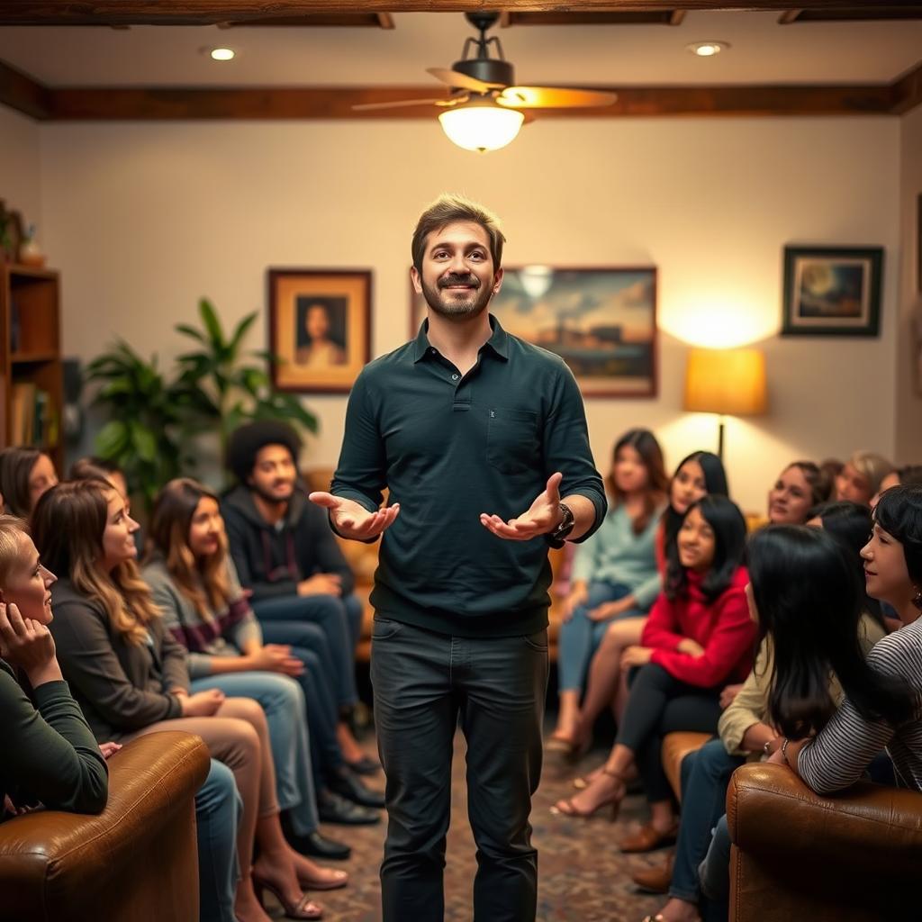 A person standing in front of a group eagerly anticipating a story, with an expression of excitement and readiness on their face