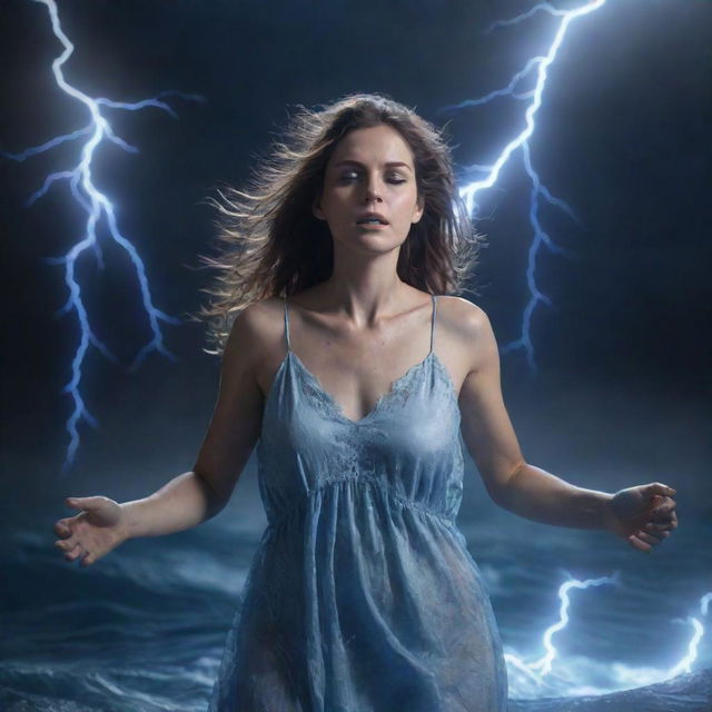 Realistic scene of beautiful woman in a nightgown, with glowing white eyes and hands engulfed in blue electricity, floating amidst sea-debris and vortices. Background is dramatic with lightning flashes, rendered in 8K Ultra HD for extreme detail.