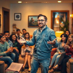 A person standing in front of a group eagerly anticipating a story, with an expression of excitement and readiness on their face