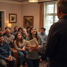 A person standing in front of a group eagerly anticipating a story, with an expression of excitement and readiness on their face