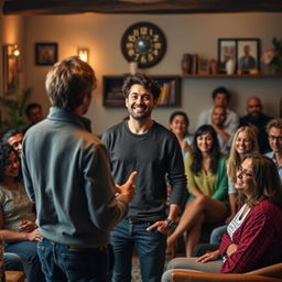 A person standing in front of a group eagerly anticipating a story, with an expression of excitement and readiness on their face