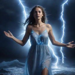 Realistic scene of beautiful woman in a nightgown, with glowing white eyes and hands engulfed in blue electricity, floating amidst sea-debris and vortices. Background is dramatic with lightning flashes, rendered in 8K Ultra HD for extreme detail.