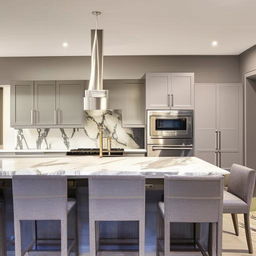 A spacious, modern kitchen with sleek stainless steel appliances, a large island with marble countertops, and an array of pendant lights hanging from a high ceiling. The color scheme blends warm earth tones with cool grays for a balanced, inviting feel.