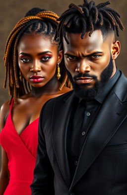 A very handsome African-American male with a beard, dressed in a black modern suit, standing with a stern and intense facial expression