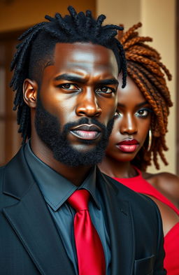 A very handsome African-American male with a beard, dressed in a black modern suit, standing with a stern and intense facial expression