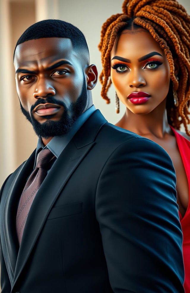 A very handsome African-American male with a beard, dressed in a black modern suit, standing with a stern and intense facial expression