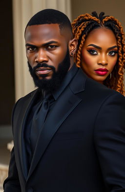 A very handsome African-American male with a beard, dressed in a black modern suit, standing with a stern and intense facial expression