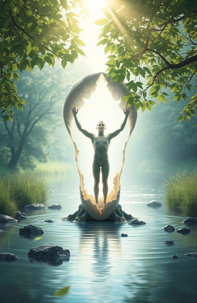 A metaphorical representation of resilience and healing from childhood trauma, featuring a person emerging from a cracked but radiant cocoon, symbolizing transformation and strength