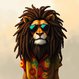 A 2D illustration of a humanoid lion, with a majestic mane styled into dreadlocks reminiscent of Bob Marley's iconic hair