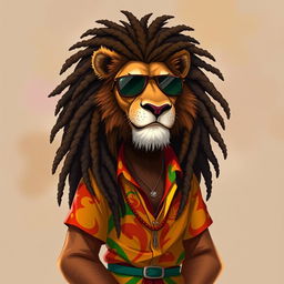 A 2D illustration of a humanoid lion, with a majestic mane styled into dreadlocks reminiscent of Bob Marley's iconic hair