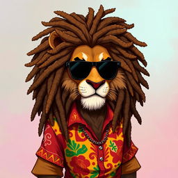 A 2D illustration of a humanoid lion, with a majestic mane styled into dreadlocks reminiscent of Bob Marley's iconic hair