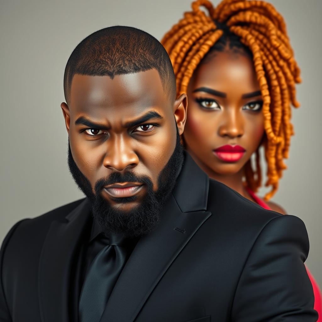 A very handsome African-American male with a beard, dressed in a sharp black modern suit, standing with a stern and intense facial expression