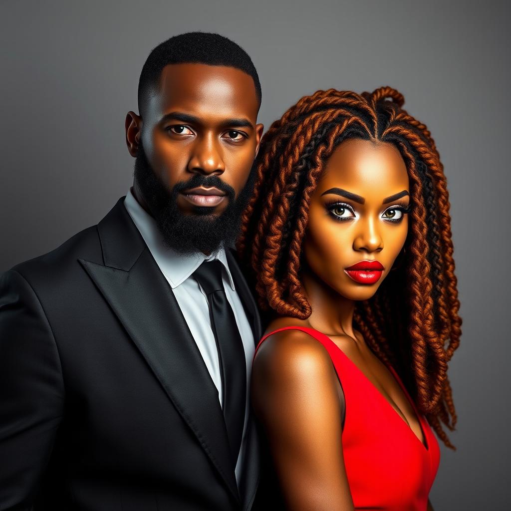 A very handsome African-American male with a beard, dressed in a sharp black modern suit, standing with a stern and intense facial expression