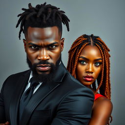 A very handsome African-American male with a beard, dressed in a sharp black modern suit, standing with a stern and intense facial expression