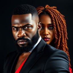 A very handsome African-American male with a beard, dressed in a sharp black modern suit, standing with a stern and intense facial expression