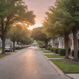 A picturesque small suburban town with tree-lined streets, charming bungalows, manicured public parks, and a bustling town center, all under a sky of the softest hues of sunset.