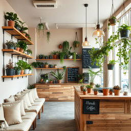 An inviting coffee and plant shop interior designed with a balance of neutral colors, featuring a variety of potted plants displayed on wooden shelves and hanging from the ceiling