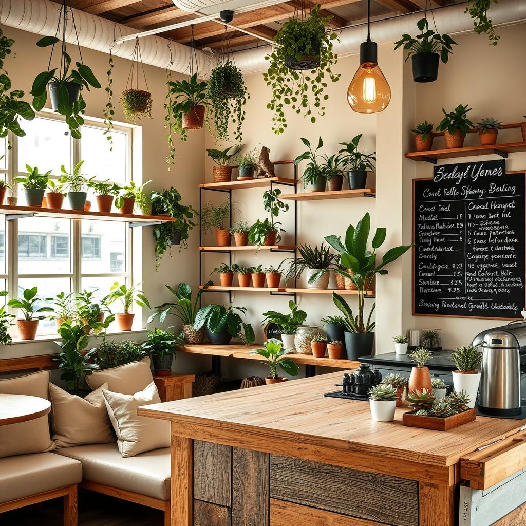 An inviting coffee and plant shop interior designed with a balance of neutral colors, featuring a variety of potted plants displayed on wooden shelves and hanging from the ceiling