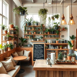 An inviting coffee and plant shop interior designed with a balance of neutral colors, featuring a variety of potted plants displayed on wooden shelves and hanging from the ceiling