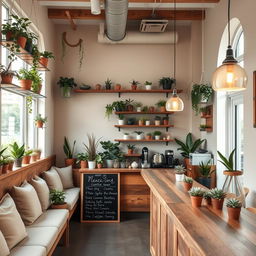 An inviting coffee and plant shop interior designed with a balance of neutral colors, featuring a variety of potted plants displayed on wooden shelves and hanging from the ceiling