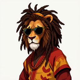 A 2D illustration of a humanoid lion, featuring a mane styled into dreadlocks, evoking the iconic look of Bob Marley