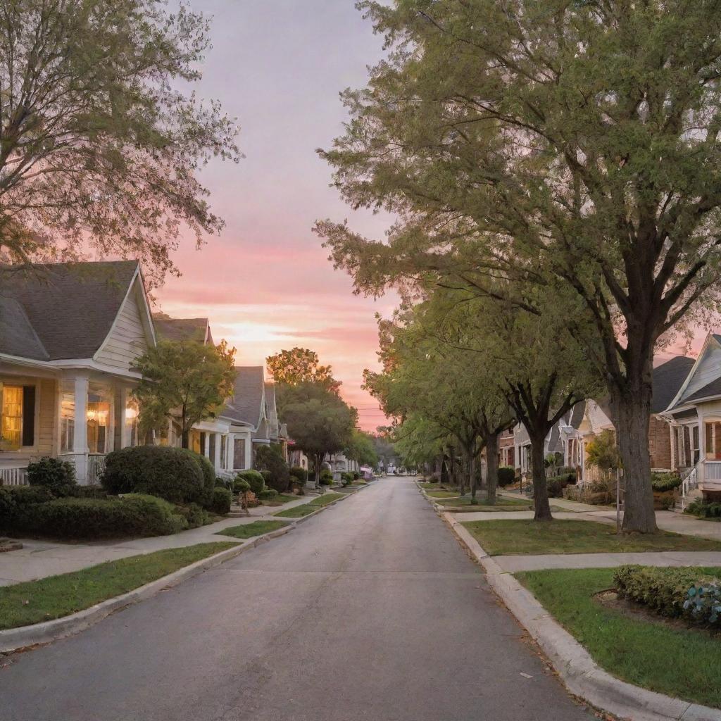 A picturesque small suburban town with tree-lined streets, charming bungalows, manicured public parks, and a bustling town center, all under a sky of the softest hues of sunset.