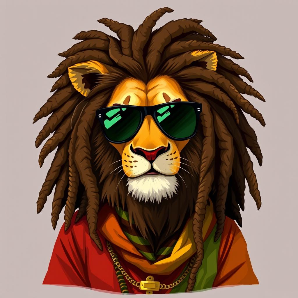 A 2D illustration of a humanoid lion, featuring a mane styled into dreadlocks, evoking the iconic look of Bob Marley