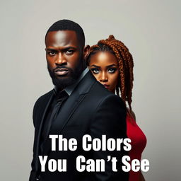 A very handsome African-American male with a beard, dressed in a black modern suit, standing with a stern and intense facial expression