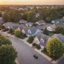 A picturesque small suburban town with tree-lined streets, charming bungalows, manicured public parks, and a bustling town center, all under a sky of the softest hues of sunset.