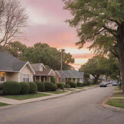 A picturesque small suburban town with tree-lined streets, charming bungalows, manicured public parks, and a bustling town center, all under a sky of the softest hues of sunset.