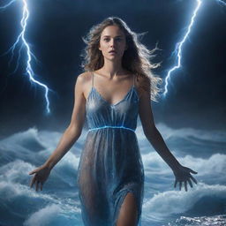 Render an 8K Ultra HD image of a beautiful woman in a nightgown, with glowing white eyes and hands cloaked in blue electricity, floating amidst chaos of the sea, surrounded by debris and whirlpools. The scene is lit by flashes of background lightning.