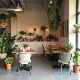 For a plant and coffee shop that balances functionality with aesthetics, start with a soothing neutral color palette that complements the greenery