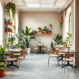 For a plant and coffee shop that balances functionality with aesthetics, start with a soothing neutral color palette that complements the greenery